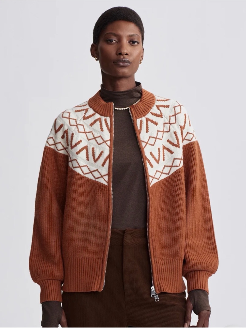 Varley Women’s Rust & Cream Western Print Zip-Up Sweater. Size: Small